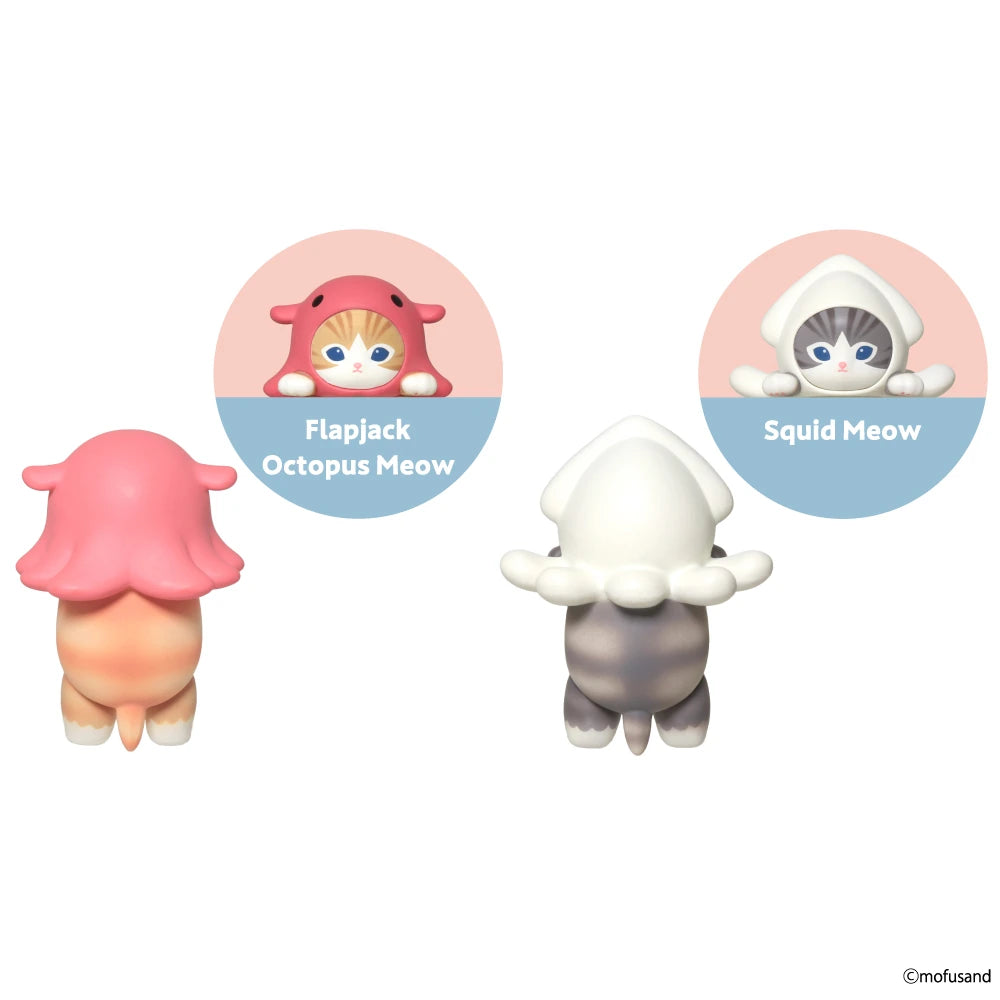 Explore the delightful world of sea-themed Mofusand Hippers with cat figures dressed in adorable animal costumes. Meet one as a pink octopus called "Flapjack Octopus Meow" and another as a charming squid labeled "Squid Meow." Unveil the surprise within each Mofusand Hippers Blind Box.