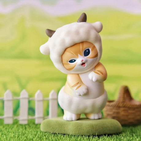 White and tan plush animal blind box figure with bear-hood ears and big blue eyes