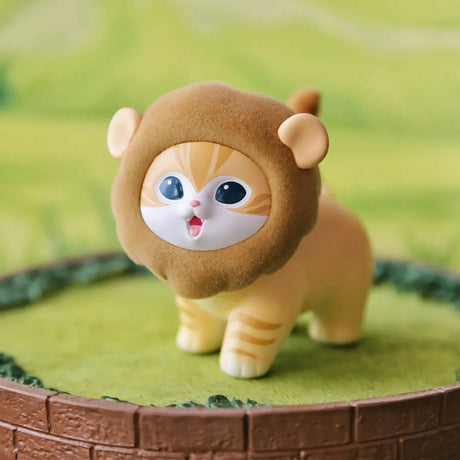 Brown plush animal blind box figure with bear-hood head, blue eyes, and striped tail