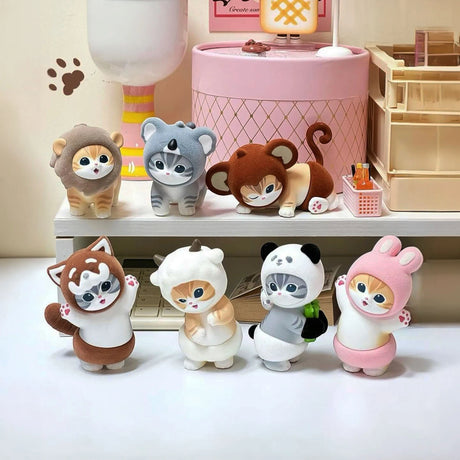 Assorted plush animal blind box figures on shelves: gray, white, brown, and pink