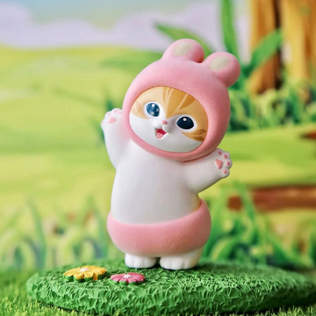 Pink and white plush animal blind box figure with bear-hood ears and blue eyes