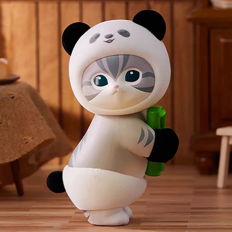 White and black panda plush figurine with green cactus accessory