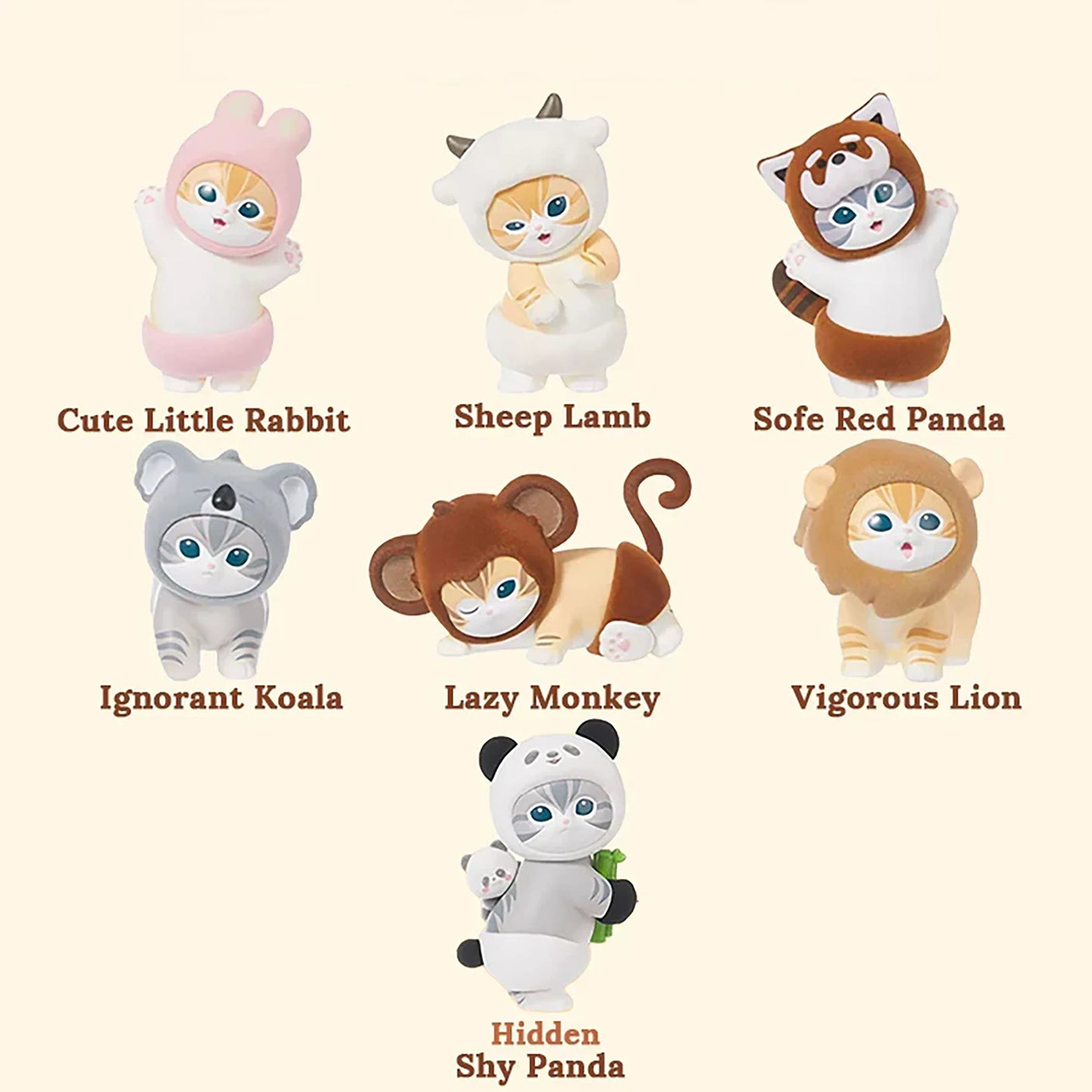Fluffy animal blind box figures assortment, cute rabbit, lamb, panda and lion characters