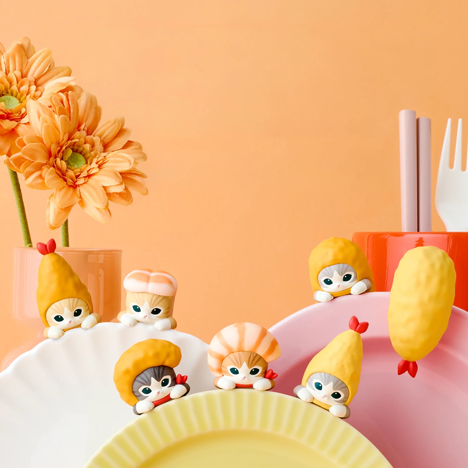 Cluster of Hippers shrimp characters with red bow heads on a tabletop display