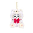 White plush teddy bear keychain with red bow and gold bead chain