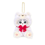 Front view of Mofusand plush cat keychain dressed in white teddy bear suit with red bow and gold chain loop