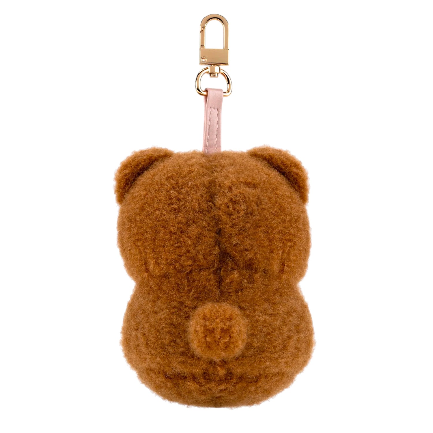 Brown fluffy kitten keychain plush back view with light pink strap and metal keyring
