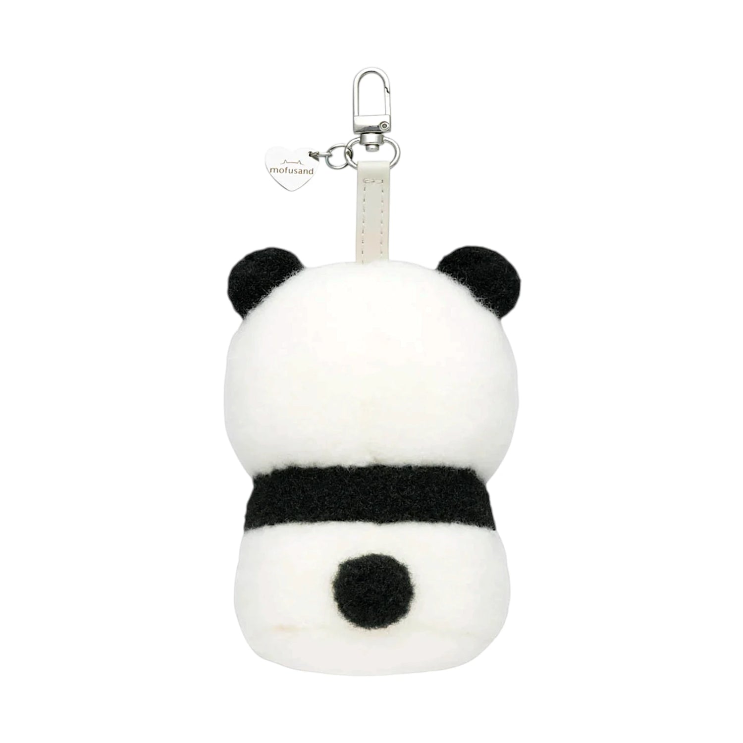 White and black panda-style fluffy kitten plush keychain with metal clasp and ring.