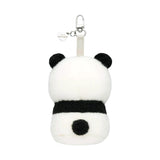 White and black panda-style fluffy kitten plush keychain with metal clasp and ring.