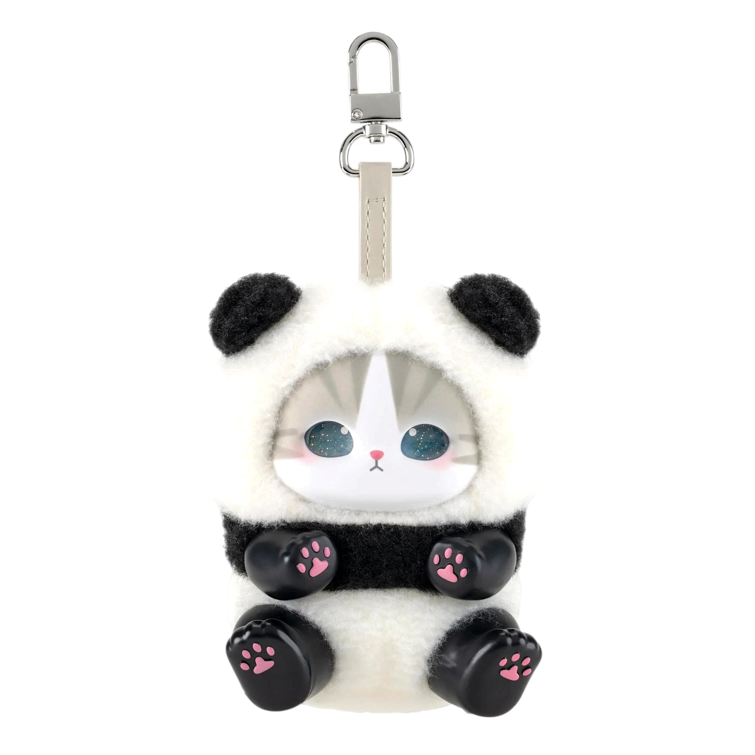 White and black fluffy kitten plush keychain with metal clasp and ring, face front.