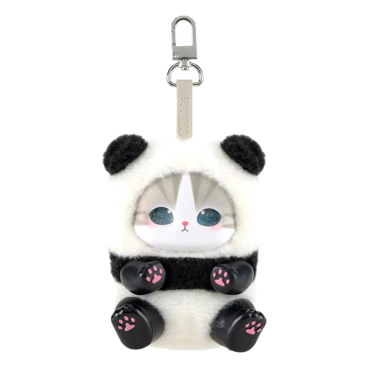 White and black fluffy kitten plush keychain with metal clasp and ring, face front.