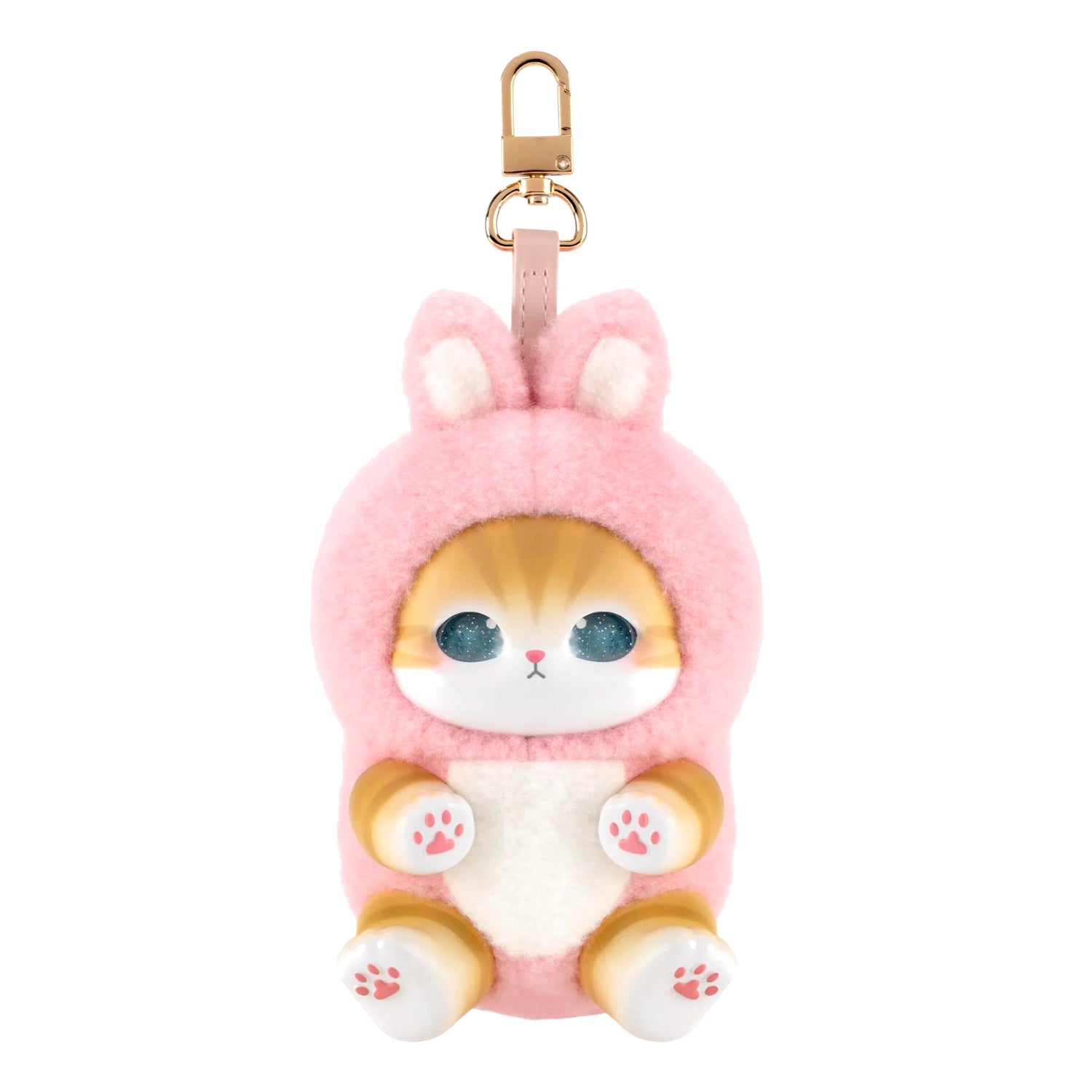 Pink fluffy kitten plush keychain with metal clasp and loop ring, face front view.