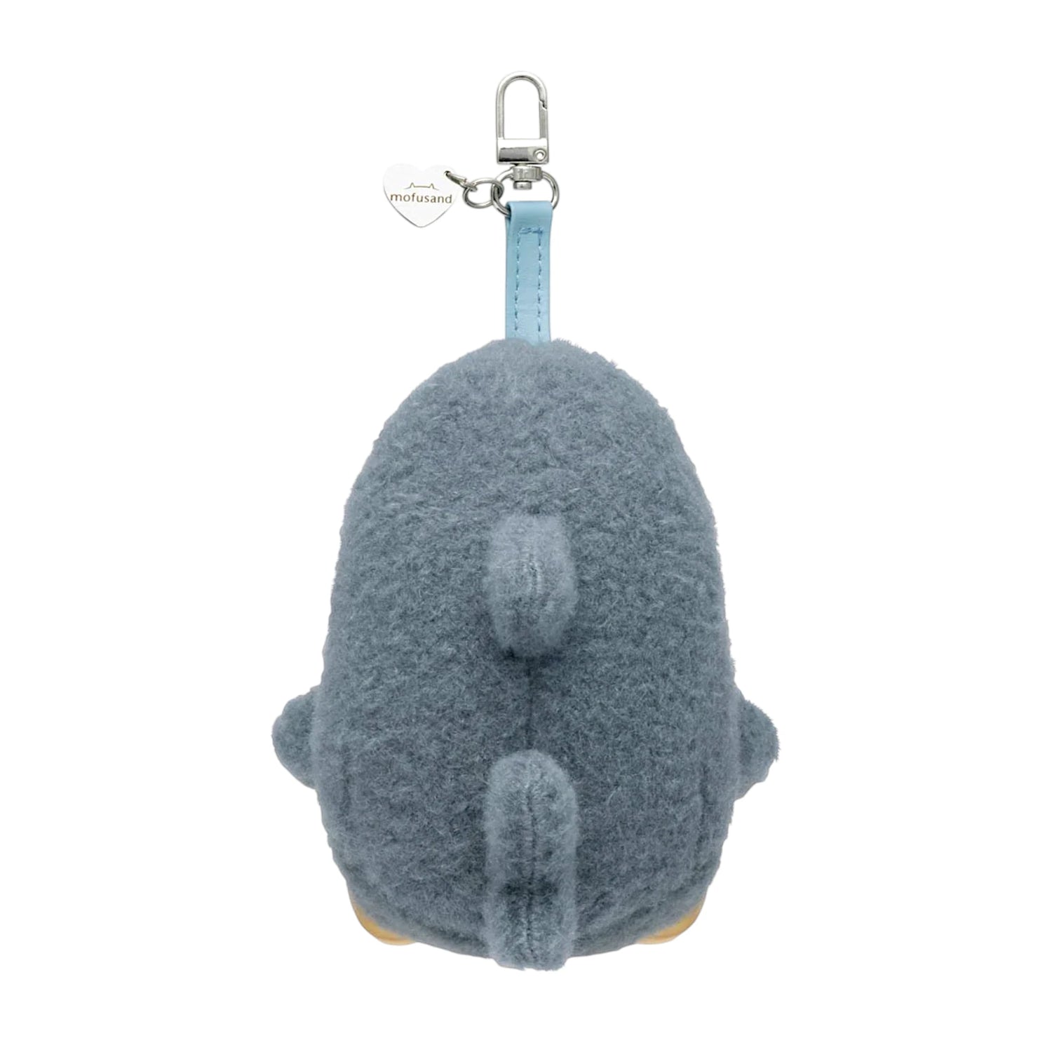 Gray fluffy kitten plush keychain with metal clasp and loop ring, back view.