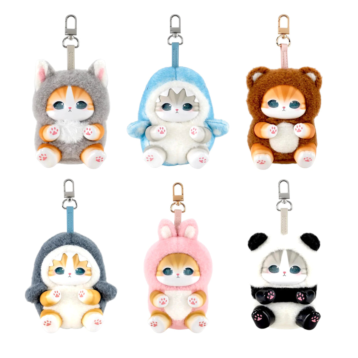 Assorted kitten plush keychains with different colored hoods and straps, metal keyrings