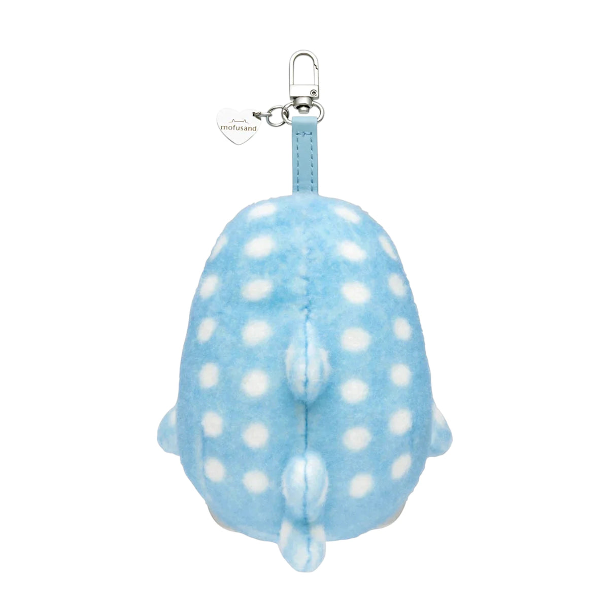 Blue polka-dot fluffy kitten plush keychain with metal clasp and loop ring, back view.