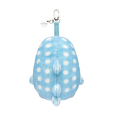 Blue polka-dot fluffy kitten plush keychain with metal clasp and loop ring, back view.