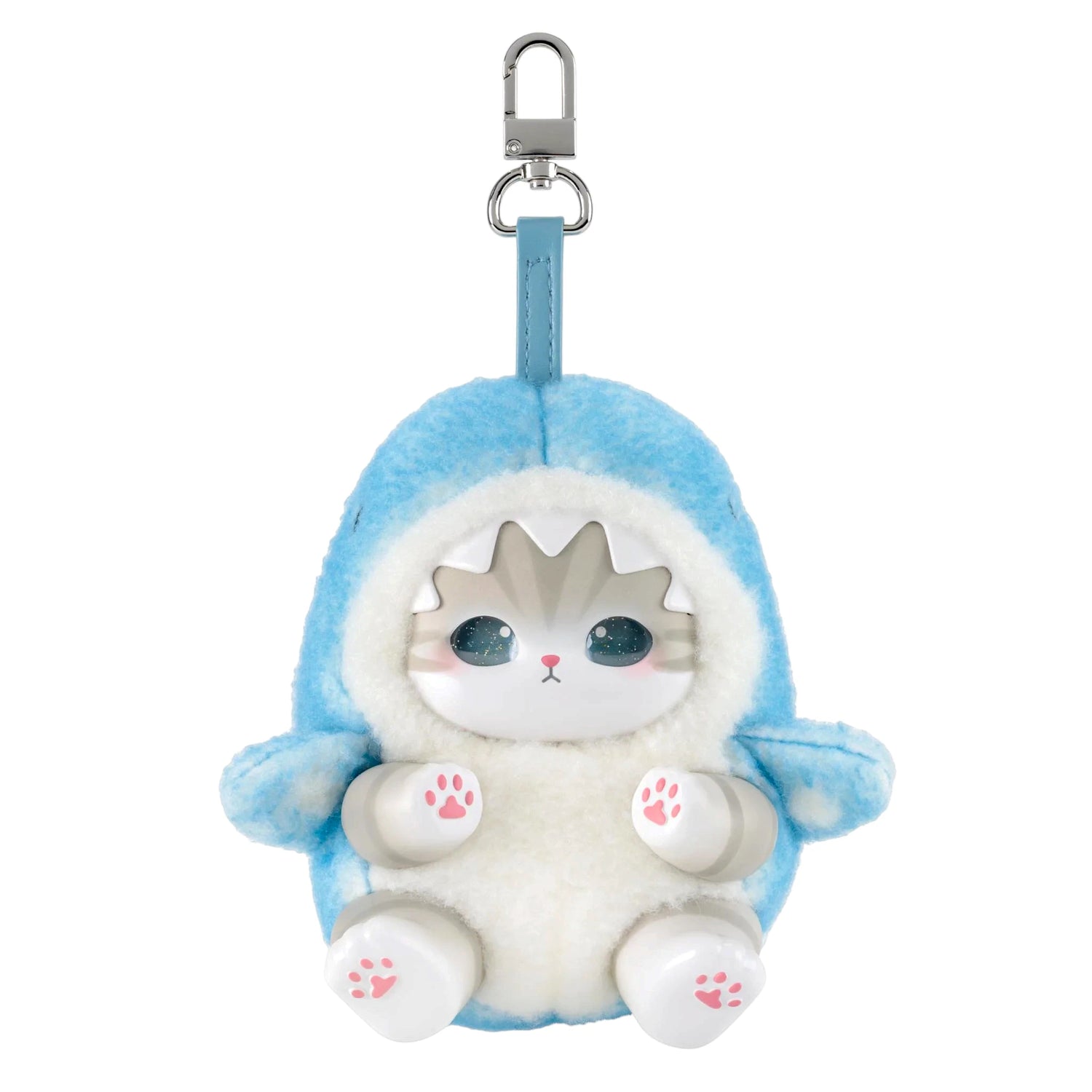 Blue and white fluffy kitten plush keychain with metal clasp and ring, face front.