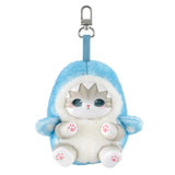 Blue and white fluffy kitten plush keychain with metal clasp and ring, face front.