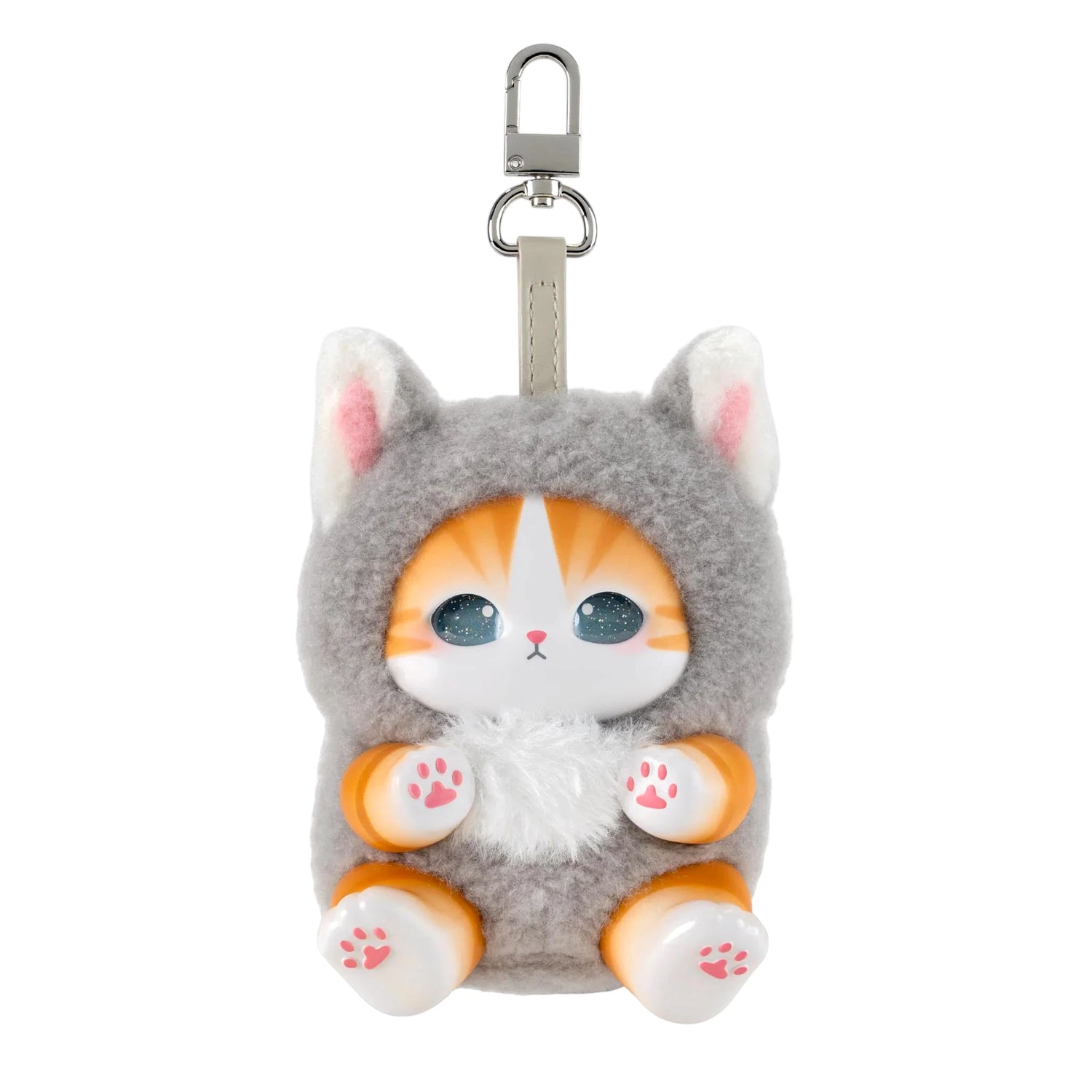 Grey fluffy kitten keychain plush with pink ears, blue eyes, and tan strap keyring
