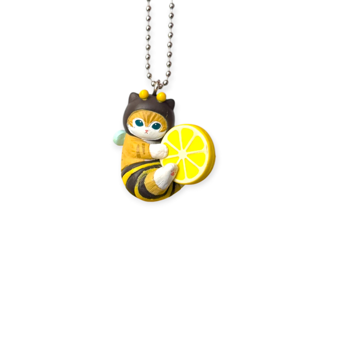 Bumblebee cat keychain charm with lemon slice and silver chain