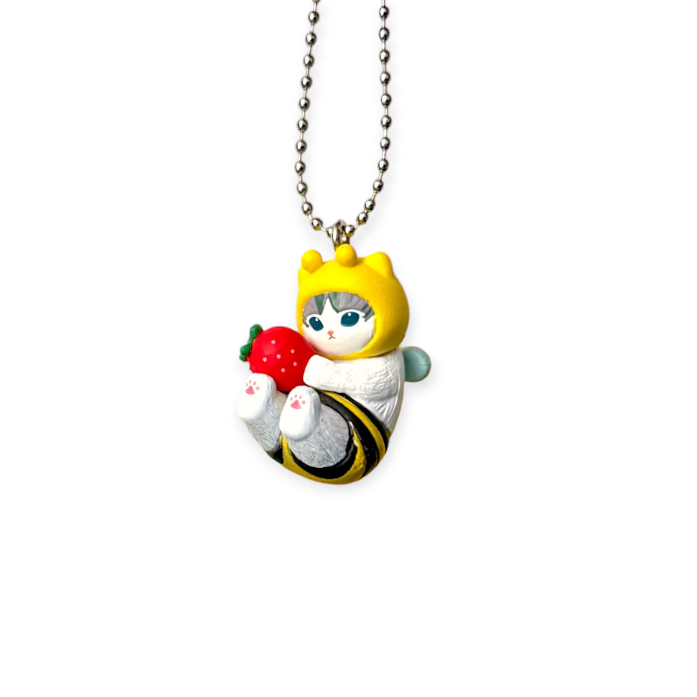Bumblebee cat keychain charm holding a red strawberry with silver chain