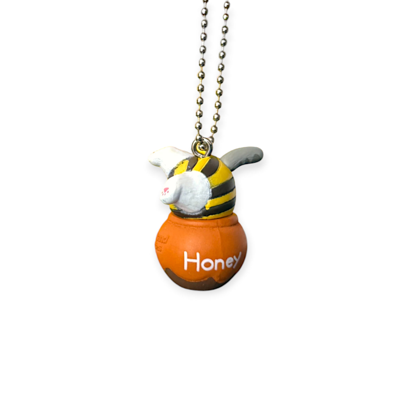 Bumblebee cat keychain charm with honey jar and silver chain