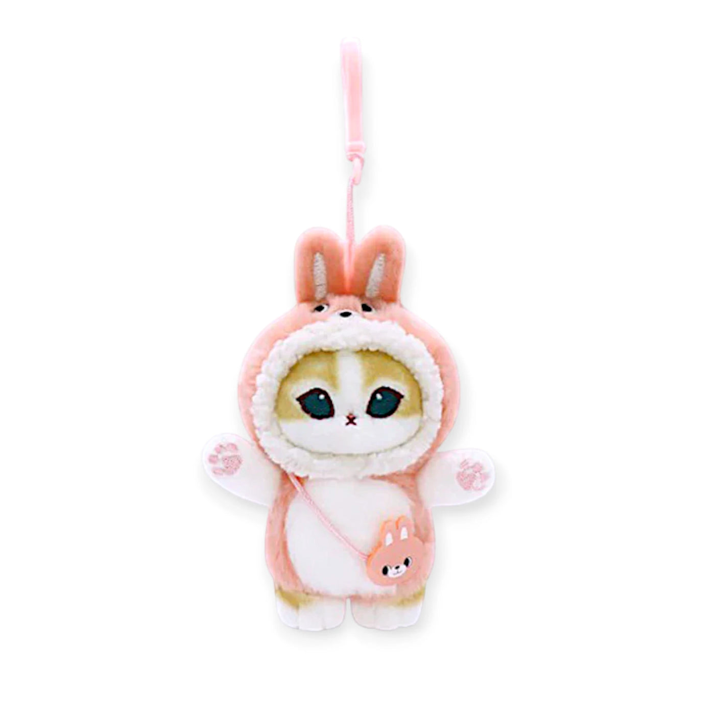 Mofusand Bunny Mini Bag - Plush Keychain with soft bunny hood, small crossbody pouch, and plush cat face in pastel pink