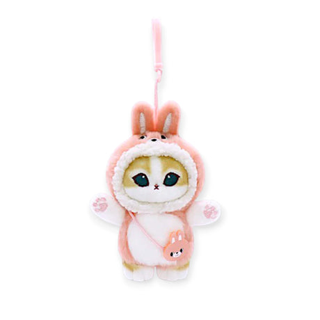 Mofusand Bunny Mini Bag - Plush Keychain with soft bunny hood, small crossbody pouch, and plush cat face in pastel pink