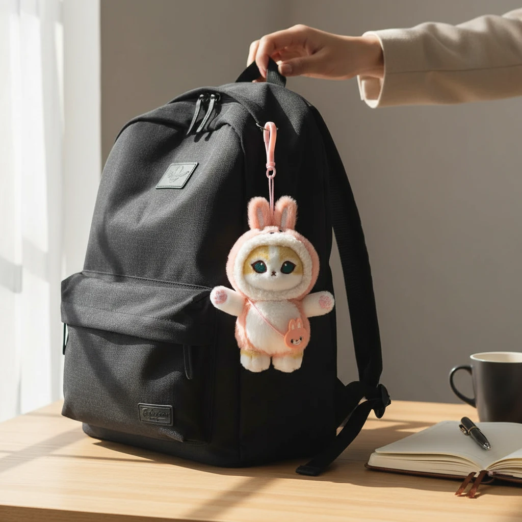 Mofusand Bunny Mini Bag - Plush Keychain hanging from black backpack strap in soft pink bunny costume with detailed face