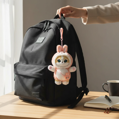 Mofusand Bunny Mini Bag - Plush Keychain hanging from black backpack strap in soft pink bunny costume with detailed face