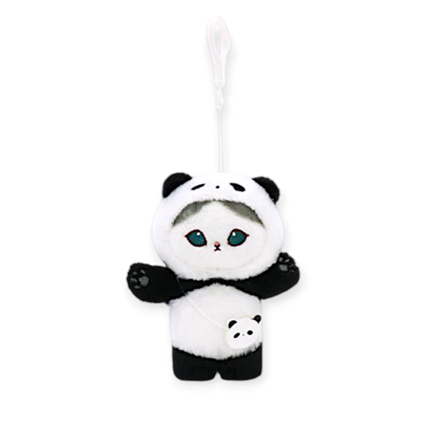 Mofusand Panda Mini Bag - Plush Keychain showing plush cat in panda costume with small panda purse on white background