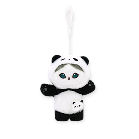 Mofusand Panda Mini Bag - Plush Keychain showing plush cat in panda costume with small panda purse on white background