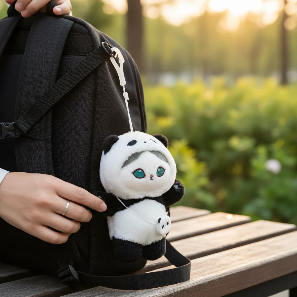 Mofusand Panda Mini Bag - Plush Keychain hanging from black backpack strap with soft panda costume design outdoors