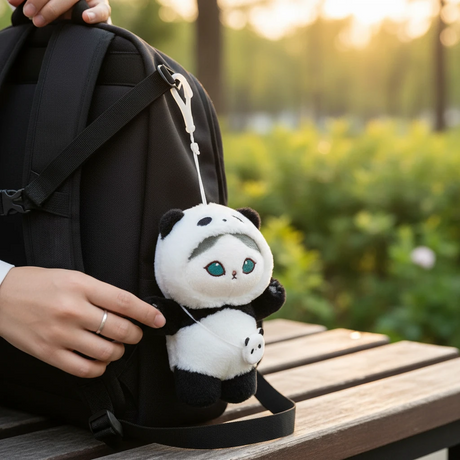 Mofusand Panda Mini Bag - Plush Keychain hanging from black backpack strap with soft panda costume design outdoors