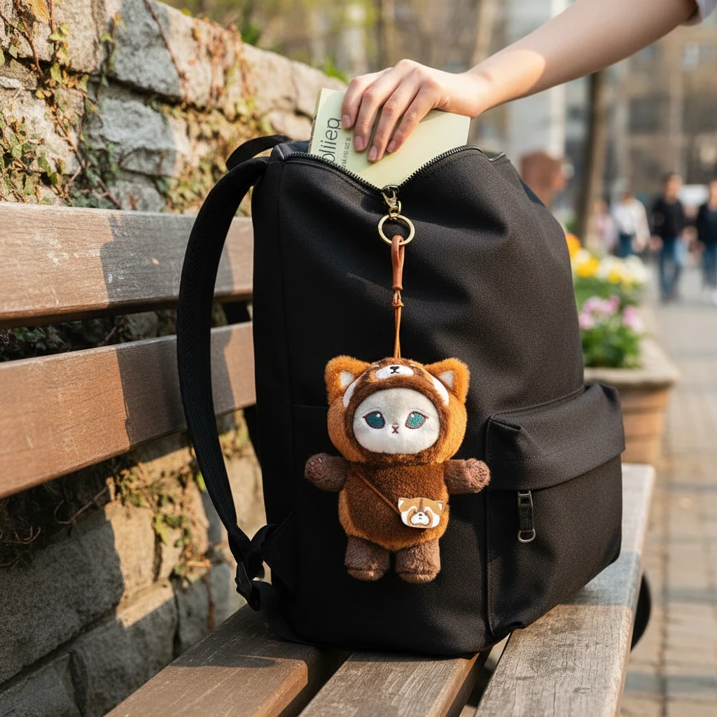Mofusand Red Panda Mini Bag - Plush Keychain hanging from black backpack outdoors with stone wall background and hand placing wallet