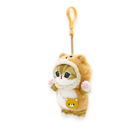 Mofusand Teddy Mini Bag - Plush Keychain featuring a soft plush cat in a brown teddy bear costume with small bag