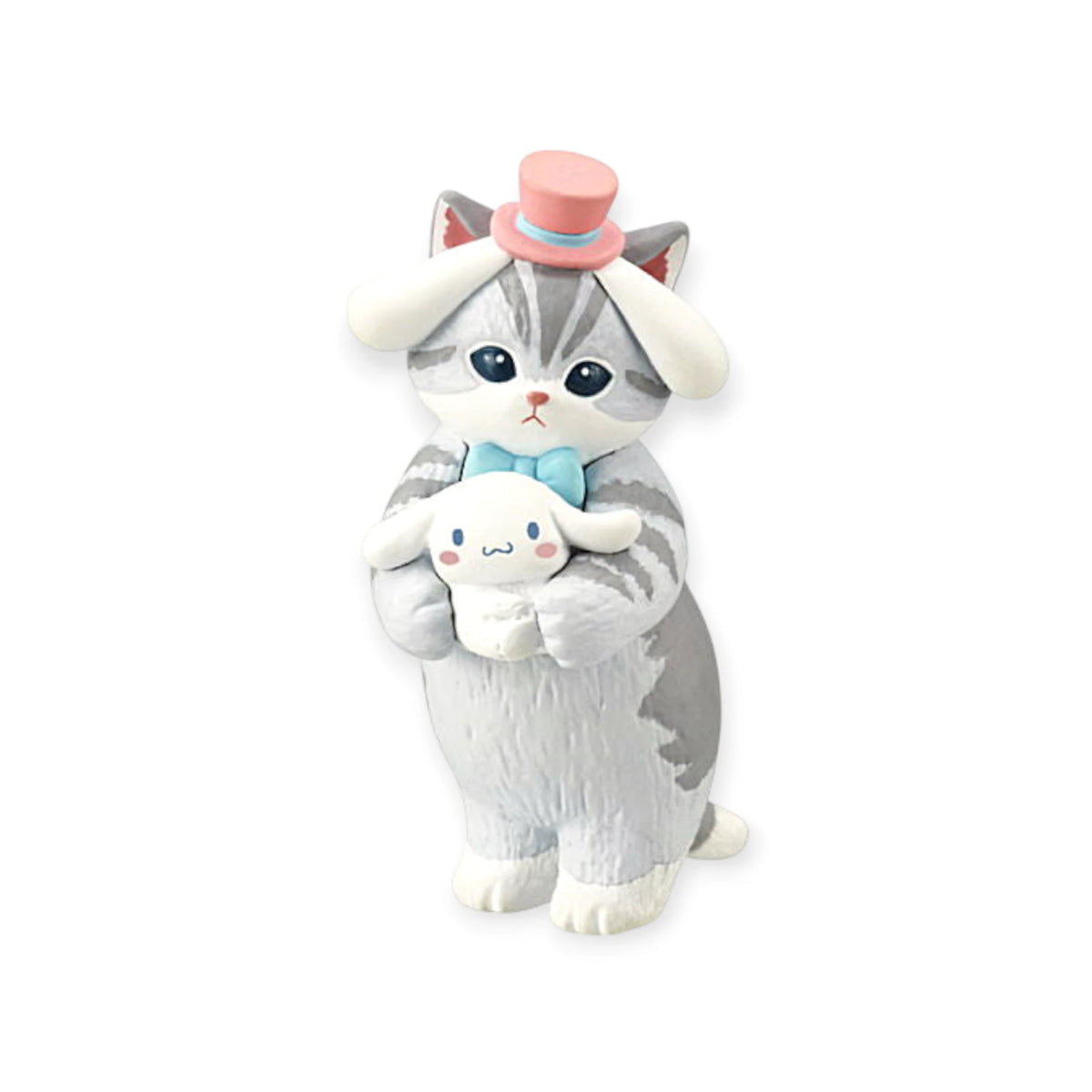 Gray cat character blind box figurine with pink hat and blue accessory