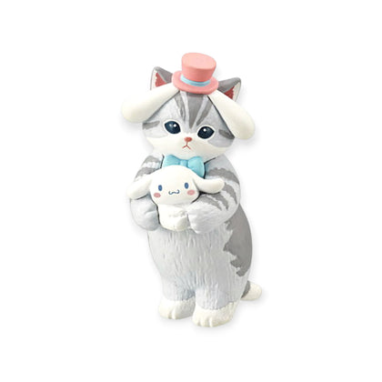 Gray cat character blind box figurine with pink hat and blue accessory