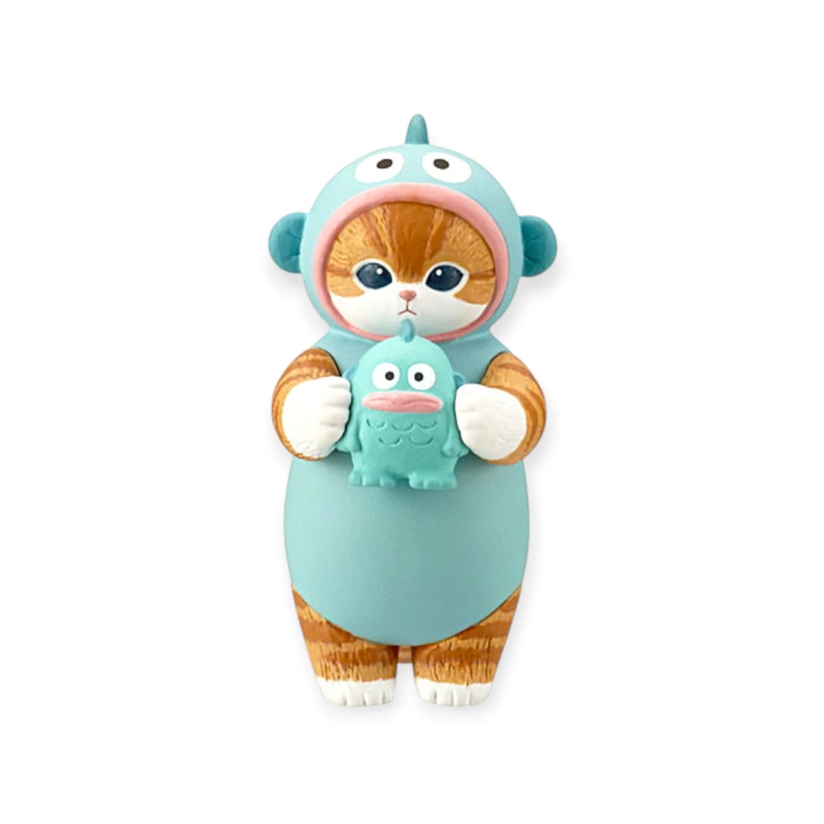 Teal hooded cat character blind box figurine holding a small teal figure