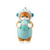 Teal hooded cat character blind box figurine holding a small teal figure