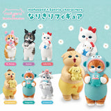 Illustrated lineup of six cat character blind box figurines on packaging