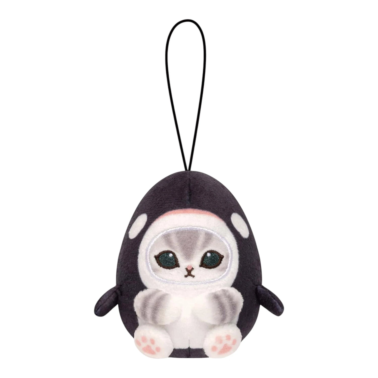 Dark gray penguin plush keychain with white belly, face details, and dangling strap