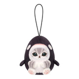 Dark gray penguin plush keychain with white belly, face details, and dangling strap