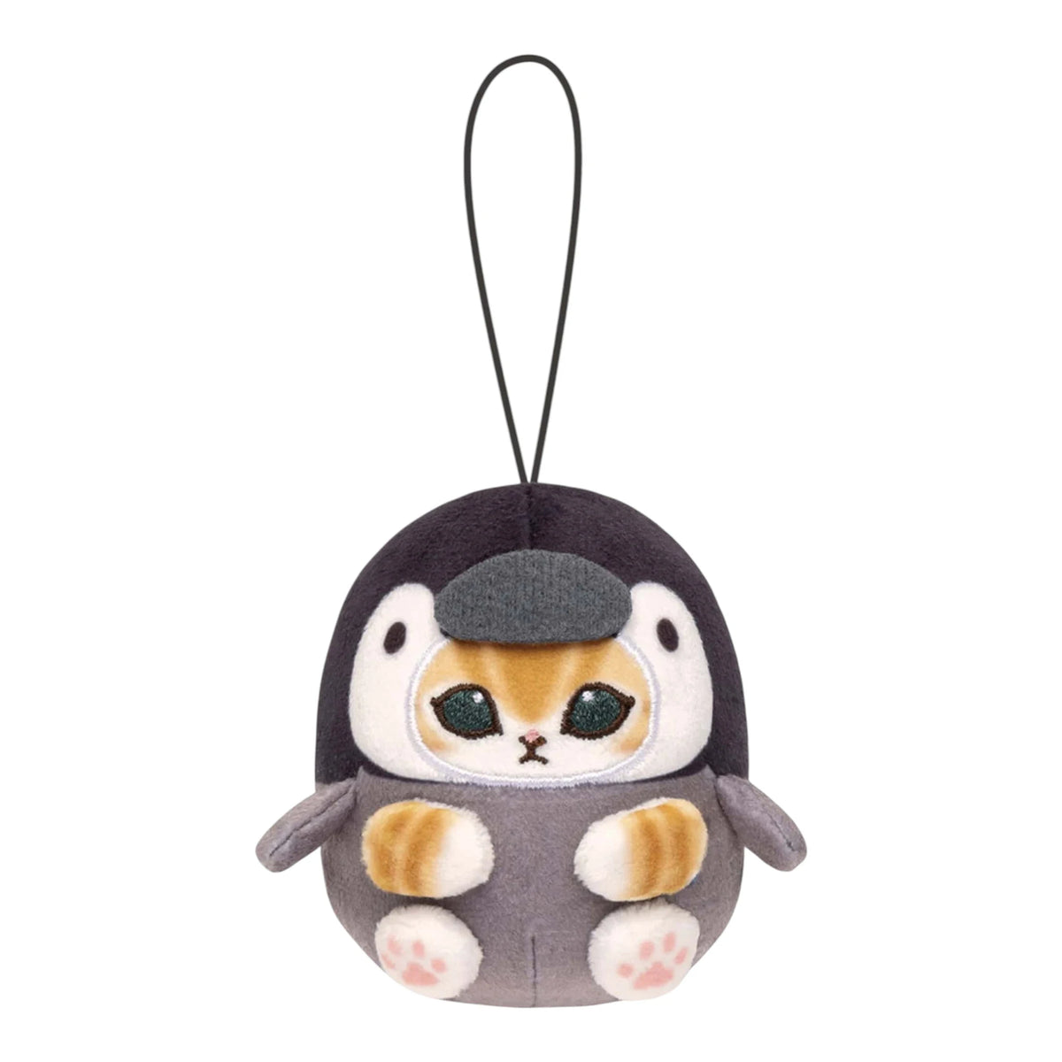 Gray penguin plush keychain with orange-brown belly markings, flippers, and strap