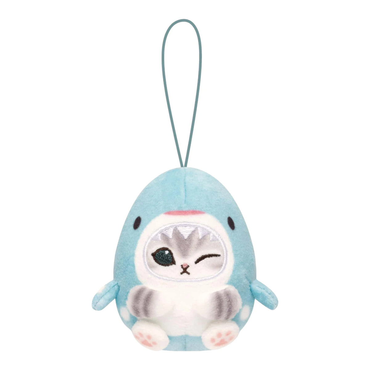 Light blue penguin plush keychain with closed-mouth face, white belly, and strap