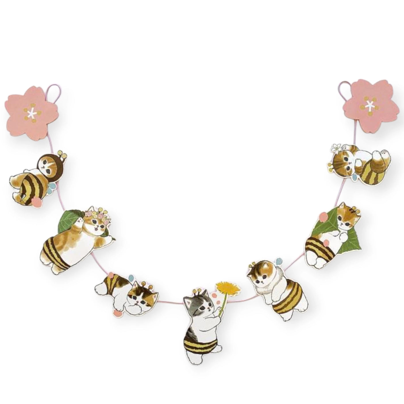 Mofusand Spring Garland Decorations showcase cartoon cats dressed as bees among pink flowers on a white background.