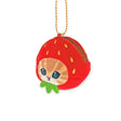 Mofusand Strawberry Keychain Pouch with plush red strawberry design and a small animal face, hanging from gold chain
