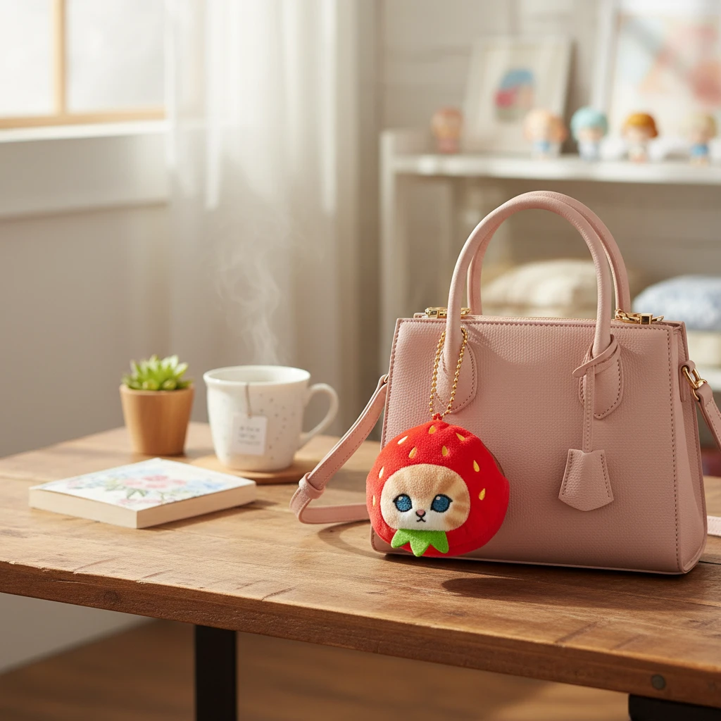 Mofusand Strawberry Keychain Pouch with plush red strawberry and small animal face hanging on a pale pink handbag