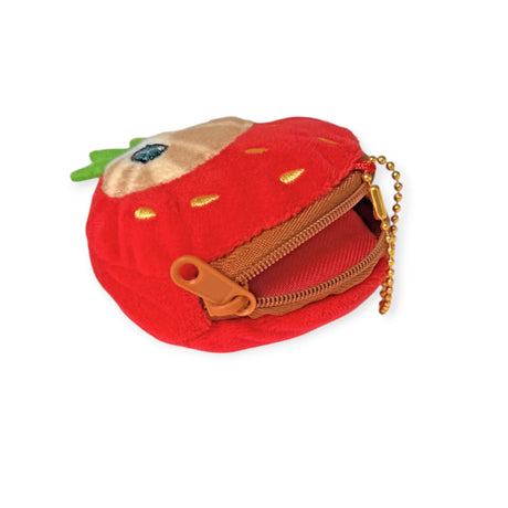 Mofusand Strawberry Keychain Pouch in red plush with embroidered seeds, green leaf, and gold chain zipper pull by Mofusand
