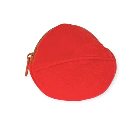 Red round zip keychain pouch with tan zipper pull and small side clip